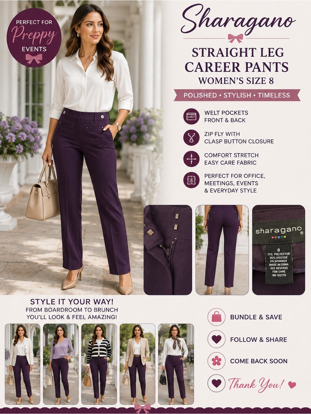 Sharagano Washable Straight Leg Career Pants – Deep Plum – Women’s Size 8